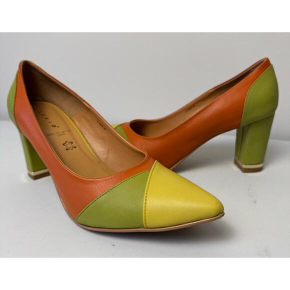 Vero Cuoio Zevio Italian Leather Color Block Yellow Green Orange Pump Shoe Sz 40 - Picture 8 of 11